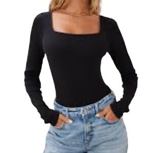 American Eagle Long Sleeve Square Neck Bodysuit Ribbed High Cut Stretch Size L
